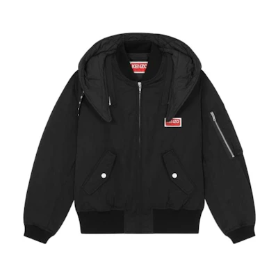 (Women) KENZO FW23 Black Hooded Puffer Jacket with Logo Patch. FD62BL1739NK-99