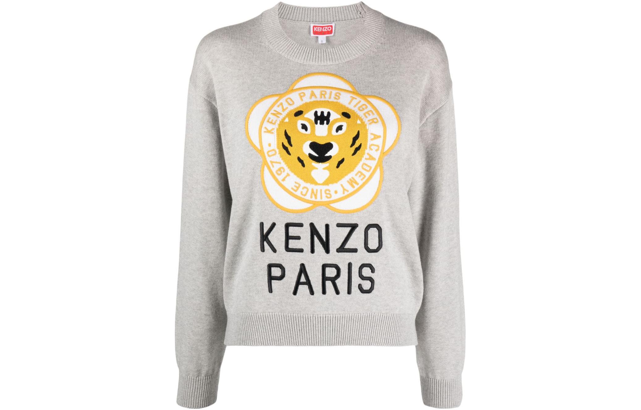(Women) KENZO FW23  Grey Crewneck Sweater with Animal Print Letters Design. FD62PU4263BB-93