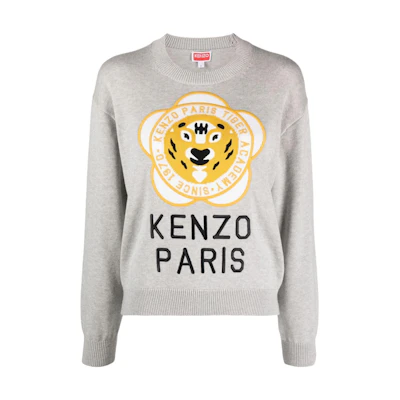 (Women) KENZO FW23 Grey Crewneck Sweater with Animal Print Letters Design. FD62PU4263BB-93