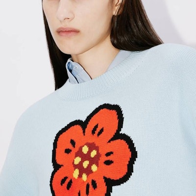 (Women) KENZO FW23 Light Blue Floral Jacquard Knit Sweater. FD52PU3803LC-63 Sizing (Women) KENZO FW23 Light Blue Floral Jacquard Knit Sweater. FD52PU3803LC-63