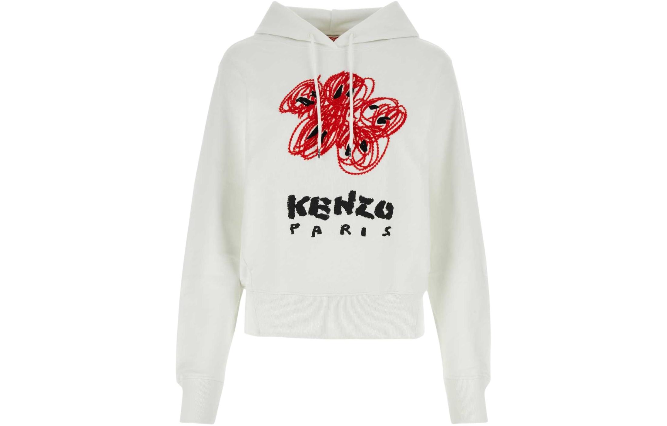 (Women) KENZO FW23  White Floral Letter Embroidered Cropped Hoodie. FE52SW1244MF-02