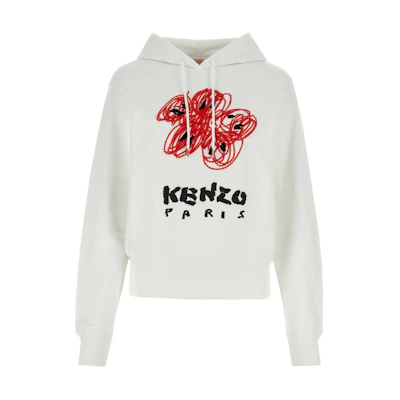 (Women) KENZO FW23 White Floral Letter Embroidered Cropped Hoodie. FE52SW1244MF-02