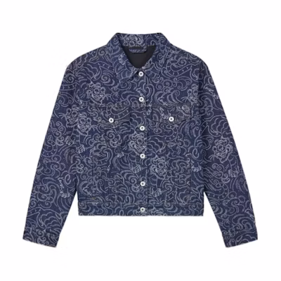 (Women) KENZO FW24 Blue Denim Jacket with Logo Patch and Single-Breasted Design. FE62DV2486R1-DM