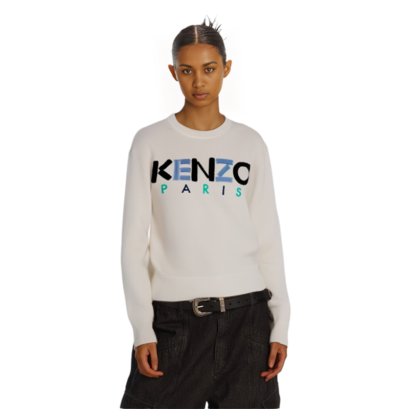 Shop (W) KENZO Baju Rajut Wanita Cetak Huruf Pelbagai Warna Crewneck Off-White FA52PU507808-03-1