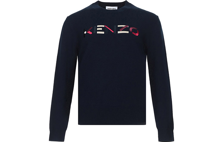 (Women) KENZO Navy Blue Embroidered Logo Wool Crewneck Knit Sweater FA62PU5413LA-76