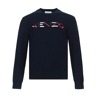 (Women) KENZO Navy Blue Embroidered Logo Wool Crewneck Knit Sweater FA62PU5413LA-76