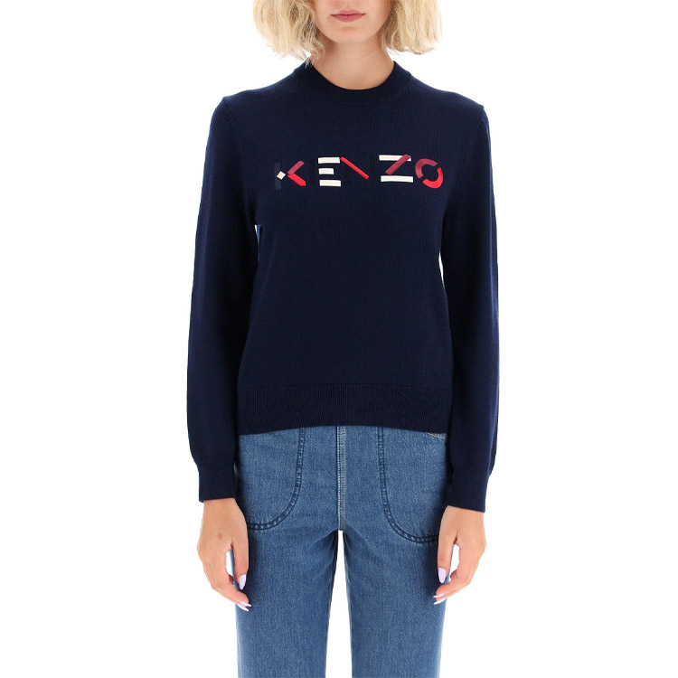 Shop (W) ケンゾー ネイビーブルー 刺繍ロゴ ウール クルーネック ニットセーター FA62PU5413LA-76