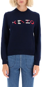 (W) ケンゾー ネイビーブルー 刺繍ロゴ ウール クルーネック ニットセーター FA62PU5413LA-76 Shop (W) ケンゾー ネイビーブルー 刺繍ロゴ ウール クルーネック ニットセーター FA62PU5413LA-76