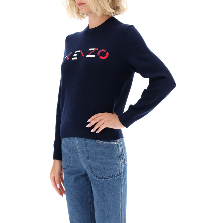 Details for (W) ケンゾー ネイビーブルー 刺繍ロゴ ウール クルーネック ニットセーター FA62PU5413LA-76