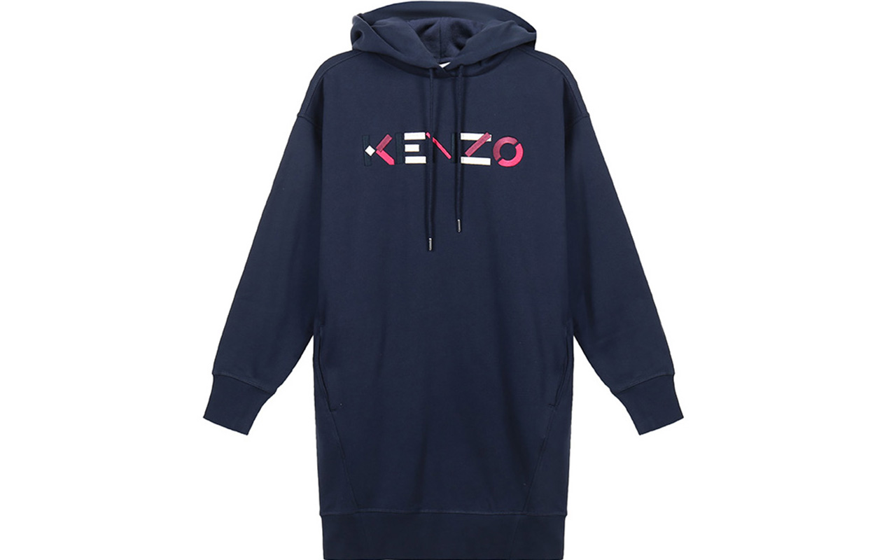 (Women) Kenzo Navy Blue Logo Embroidered Fleece Hoodie Dress FA62RO7724MO-76