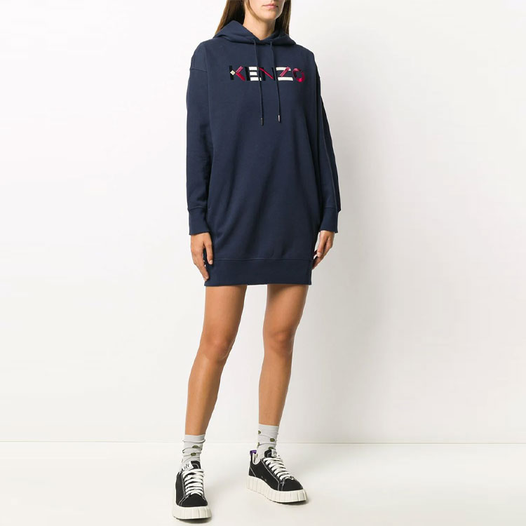 Purchase (W) Kenzo 深藍色刺繡Logo羊毛連帽洋裝 FA62RO7724MO-76