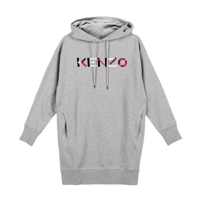 (Women) KENZO Pearl Grey Logo Embroidered Fleece Hoodie Dress FA62RO7724MO-94