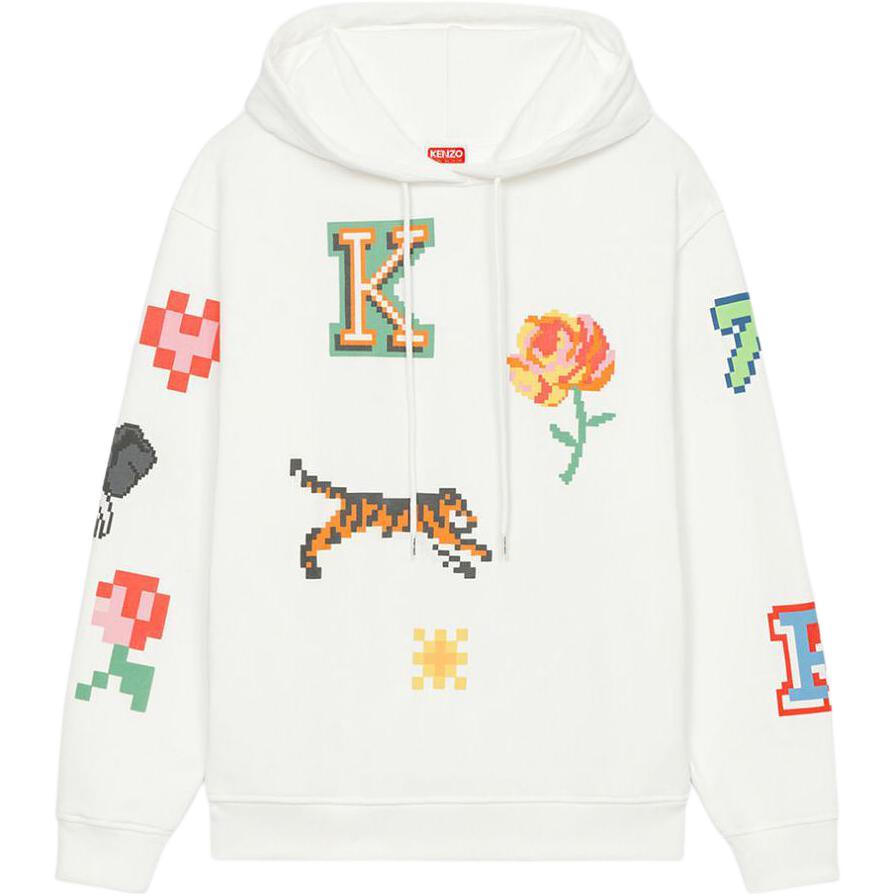 (Women) KENZO Pixel Tiger Logo Hoodie White  Pixel Collection. FD52SW0144MC-02