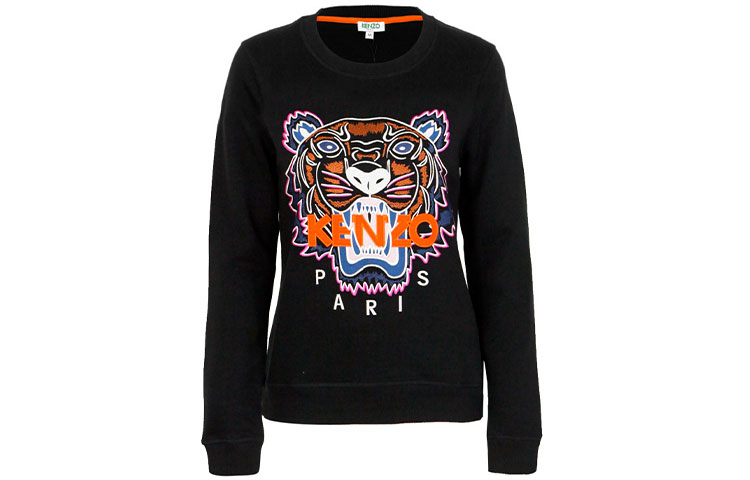 (Women) KENZO SS21 Black Pullover Sweatshirt with Logo Tiger Head Design. F762SW7054XP-99