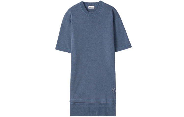 (Women) KENZO SS21 Dark Blue Embroidered Tiger Head Knit Short Sleeve Dress FB52RO5543AB-67