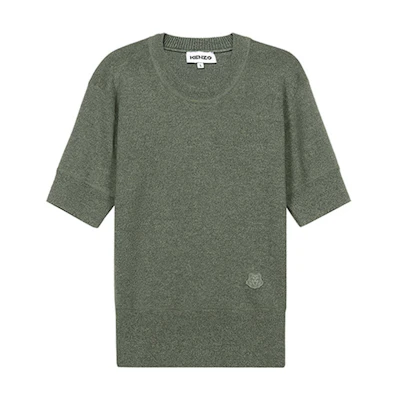 (Women) KENZO SS21 Light Army Green Tiger Logo Short-Sleeve Knit Sweater FB52PU5553AB-49