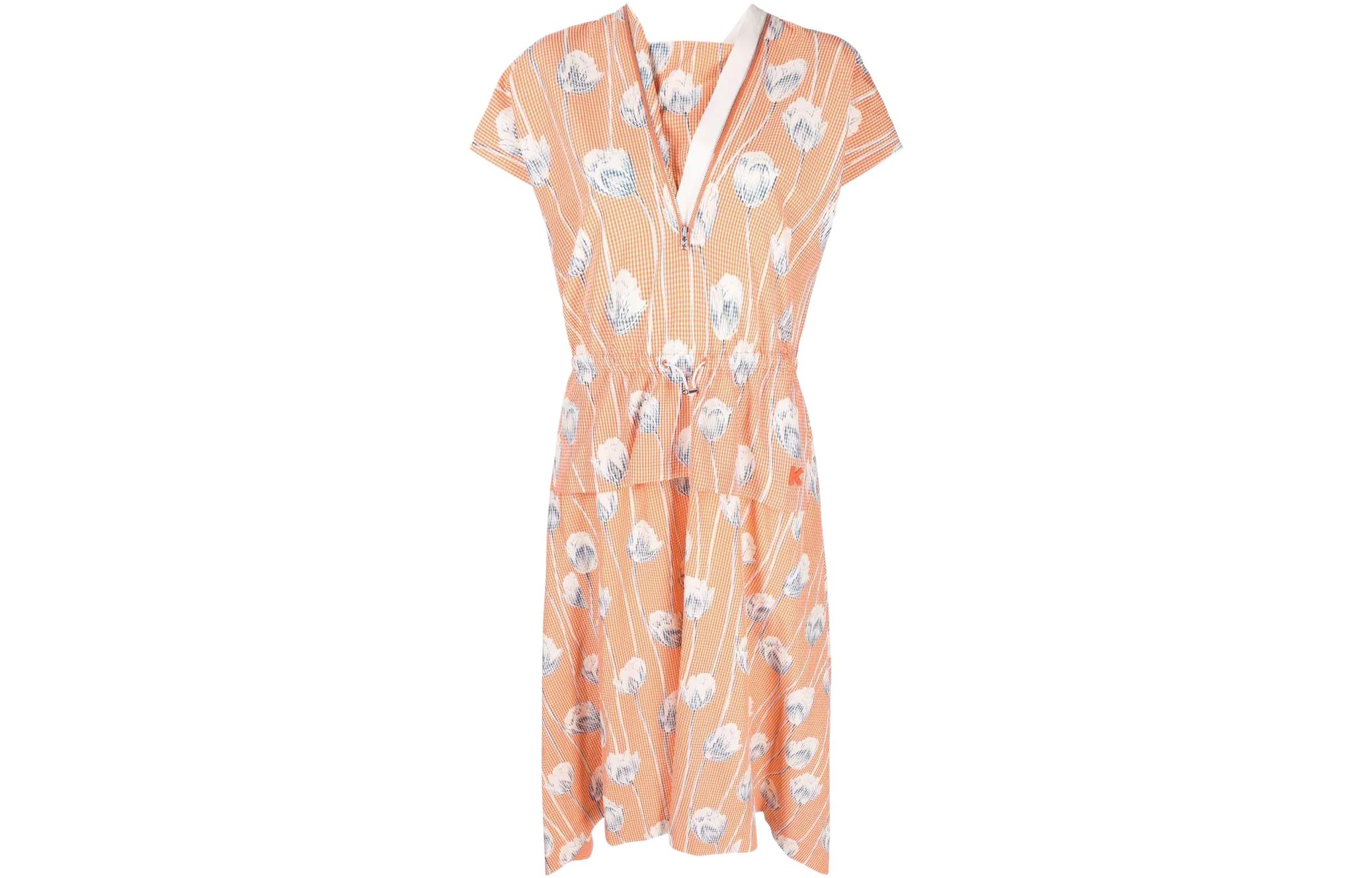 (Women) KENZO SS22  Floral Plaid Short-Sleeve Dress Pale Yellow FC52RO0599S7-16