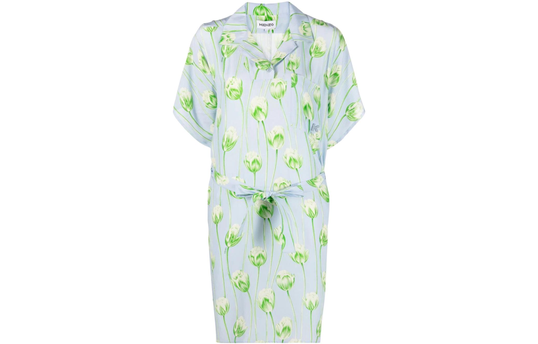 (Women) KENZO SS22  Floral Print Short Sleeve Shirt Dress Light Blue FC52RO071517-63