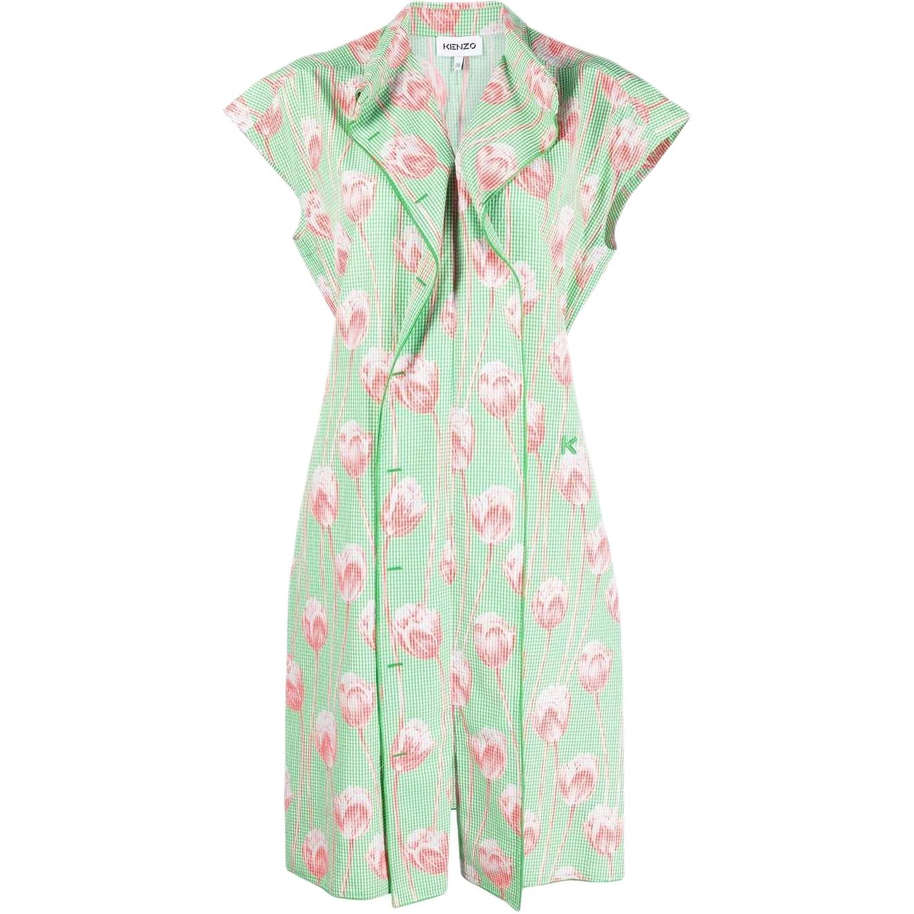 (Women) KENZO SS22  Green Floral Print Short-Sleeve Dress FC52RO0729S7-57