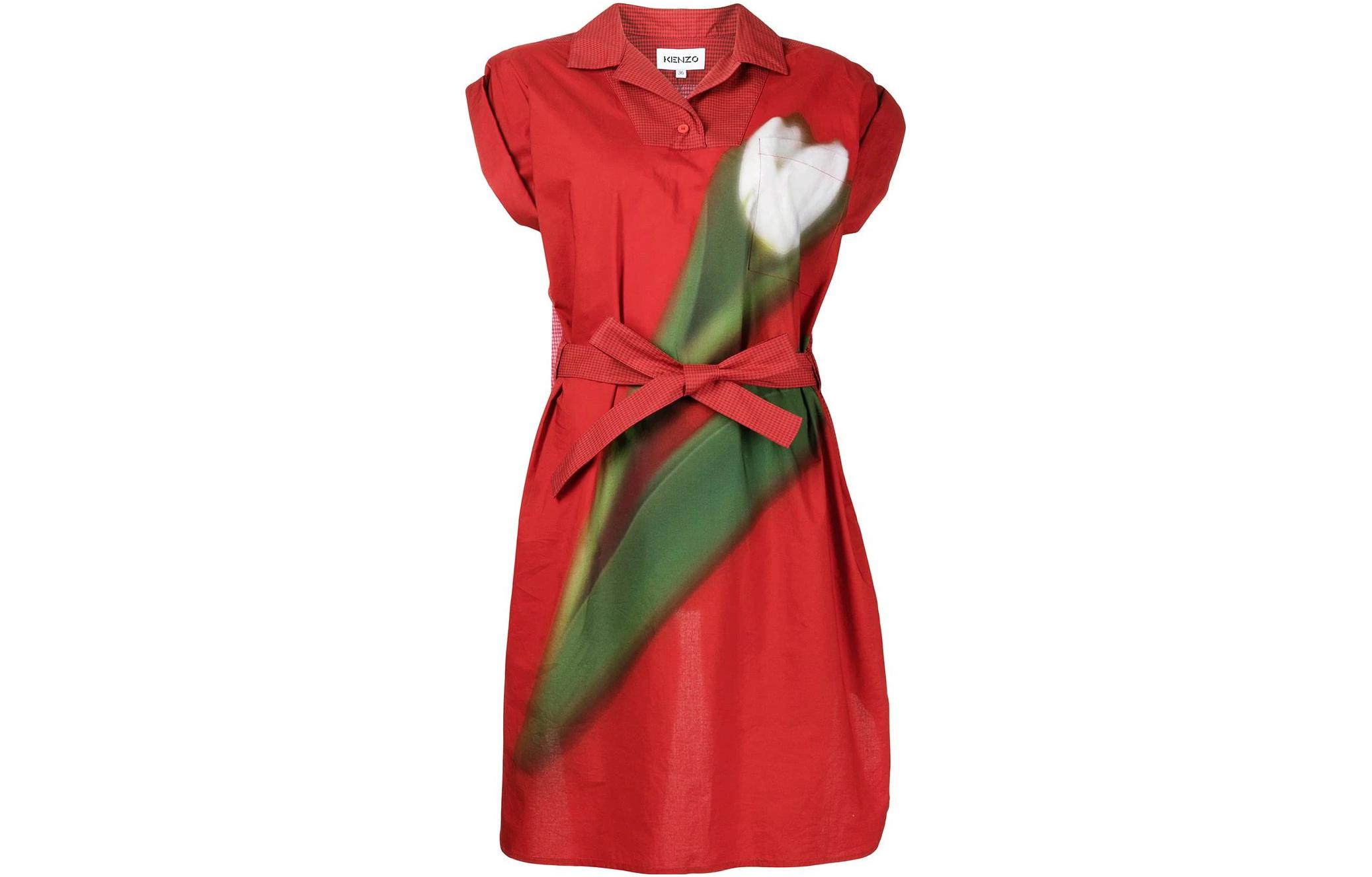 (Women) KENZO SS22  Red Floral Print Short-Sleeve Dress FC52RO0719P8-21