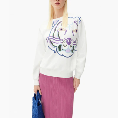 (Women) Kenzo SS22 White Graphic Print Crewneck Sweatshirt Long Sleeve FC52SW8494MO-18 Purchase (Women) Kenzo SS22 White Graphic Print Crewneck Sweatshirt Long Sleeve FC52SW8494MO-18