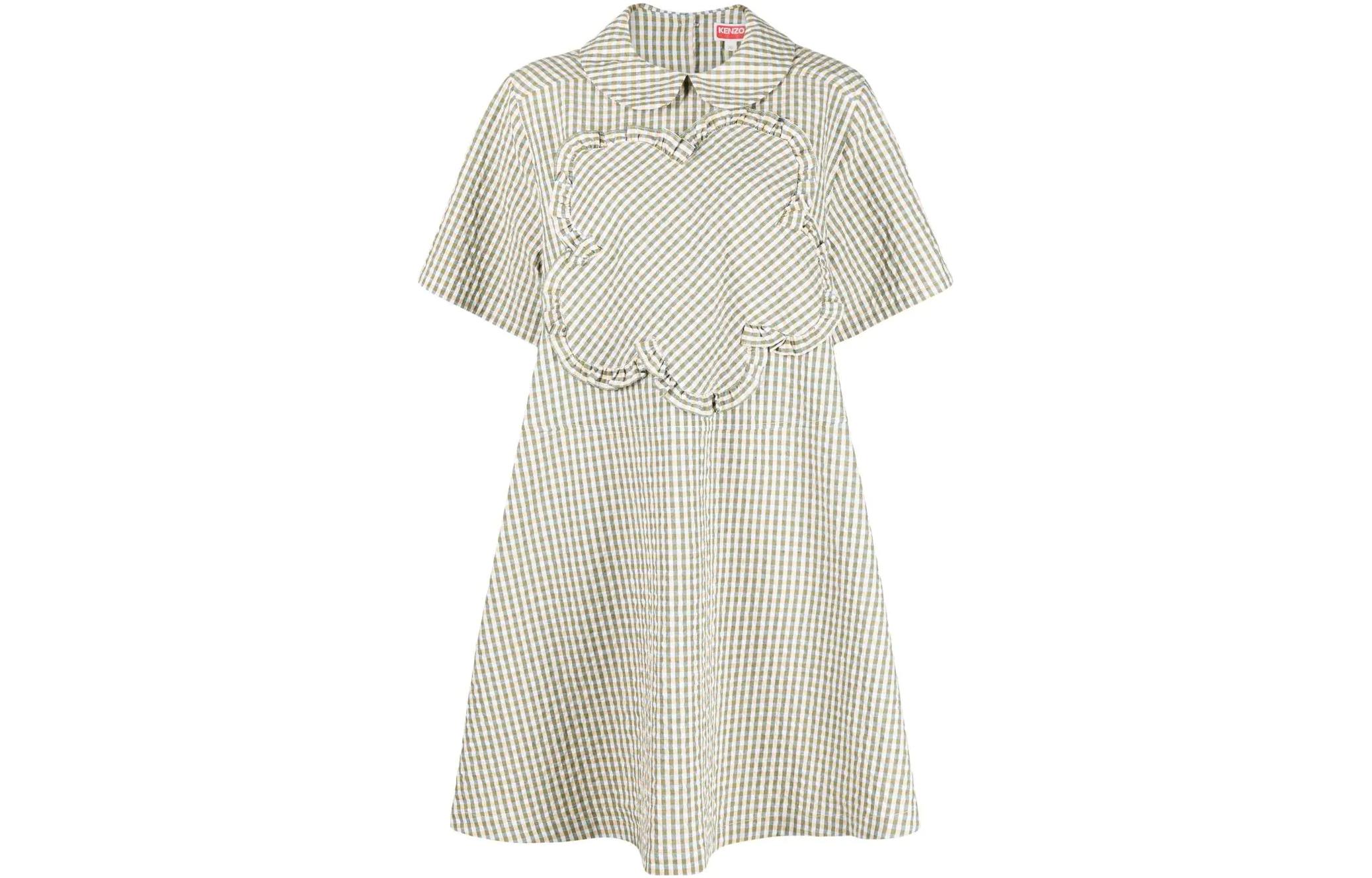 Order (W) KENZO SS23 カーキ チェック柄ディテール Aライン半袖ワンピース FD52RO1139RU-40