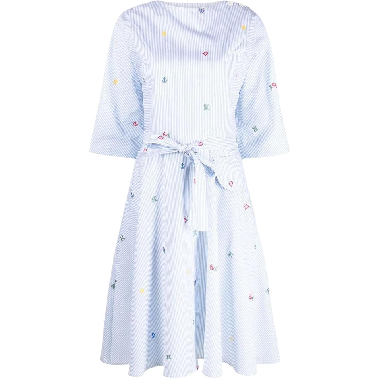 (Women) KENZO SS23  Blue Patterned Striped Print Cinched Midi Dress. FD52RO1179LJ-63