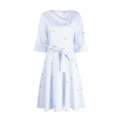 (Women) KENZO SS23 Blue Patterned Striped Print Cinched Midi Dress. FD52RO1179LJ-63