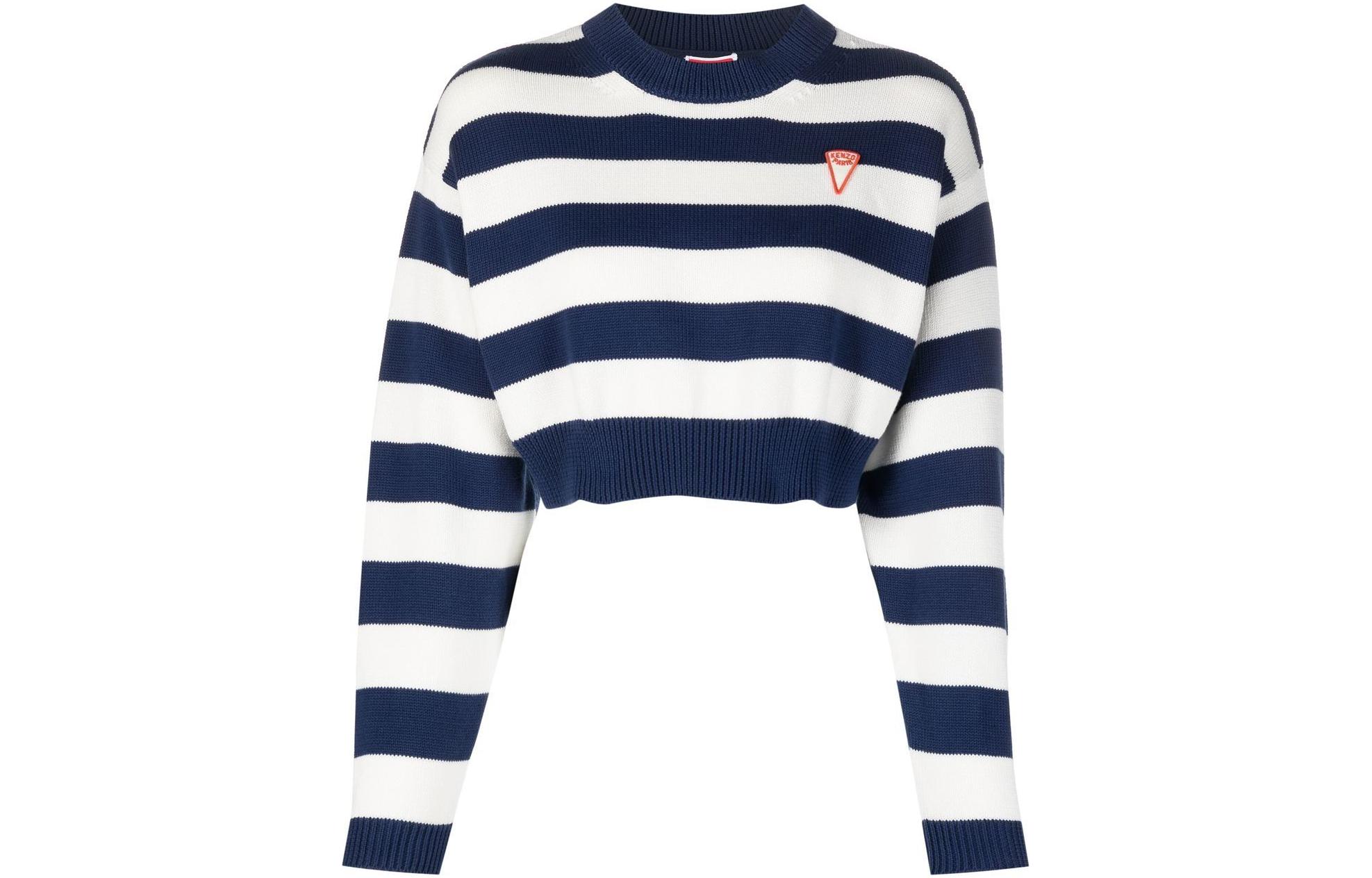 (Women) KENZO SS23  Blue Striped Logo Knit Cropped Long Sleeve Sweater. FD52PU3693CG-77