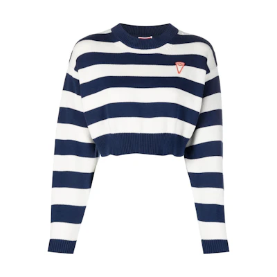 (Women) KENZO SS23 Blue Striped Logo Knit Cropped Long Sleeve Sweater. FD52PU3693CG-77