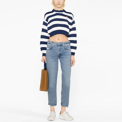 (Women) KENZO SS23 Blue Striped Logo Knit Cropped Long Sleeve Sweater. FD52PU3693CG-77 Lookbook (Women) KENZO SS23 Blue Striped Logo Knit Cropped Long Sleeve Sweater. FD52PU3693CG-77