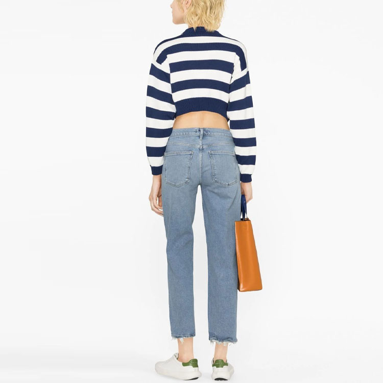 Shop (Women) KENZO SS23  Blue Striped Logo Knit Cropped Long Sleeve Sweater. FD52PU3693CG-77