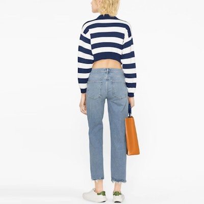 (Women) KENZO SS23 Blue Striped Logo Knit Cropped Long Sleeve Sweater. FD52PU3693CG-77 Shop (Women) KENZO SS23 Blue Striped Logo Knit Cropped Long Sleeve Sweater. FD52PU3693CG-77