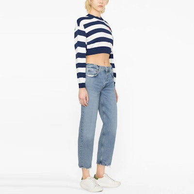 (Women) KENZO SS23 Blue Striped Logo Knit Cropped Long Sleeve Sweater. FD52PU3693CG-77 Purchase (Women) KENZO SS23 Blue Striped Logo Knit Cropped Long Sleeve Sweater. FD52PU3693CG-77