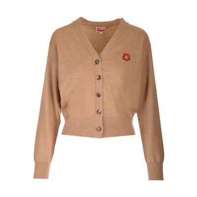 (Women) KENZO SS23 Brown V-Neck Button Cardigan Sweater with Badge Logo. FD52CA3833LB87