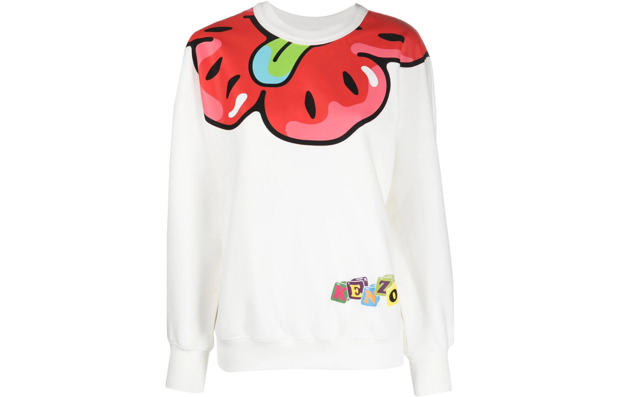 Order (W) KENZO SS23 Sudadera Blanca Cuello Redondo Diseño Gráfico de Dibujos Animados. FD52SW6574MB-02