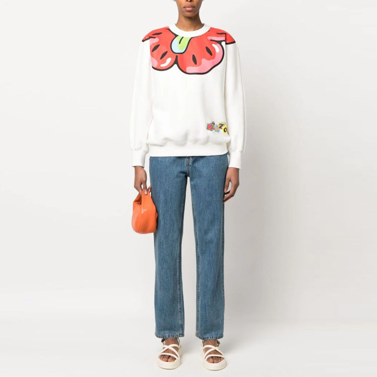 Lookbook (W) KENZO SS23 Sudadera Blanca Cuello Redondo Diseño Gráfico de Dibujos Animados. FD52SW6574MB-02