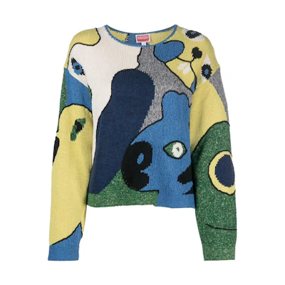 (Women) KENZO SS23 Green Patterned Color-Block Crewneck Knit Sweater. FD52PU3543CF-77