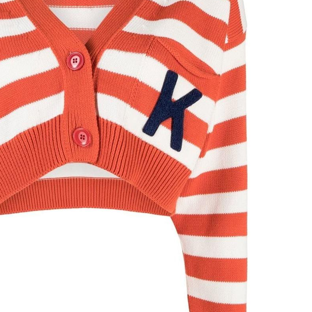 Sizing (W) KENZO SS23 스트라이프 레터 V넥 니트 탑 오렌지. FD52CA3563CG-21