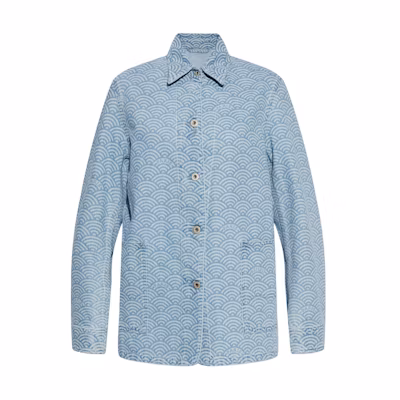 (Women) KENZO SS24 Blue Denim Jacket with Logo Print and Colorblock Design. FE52DV2436K4-DT