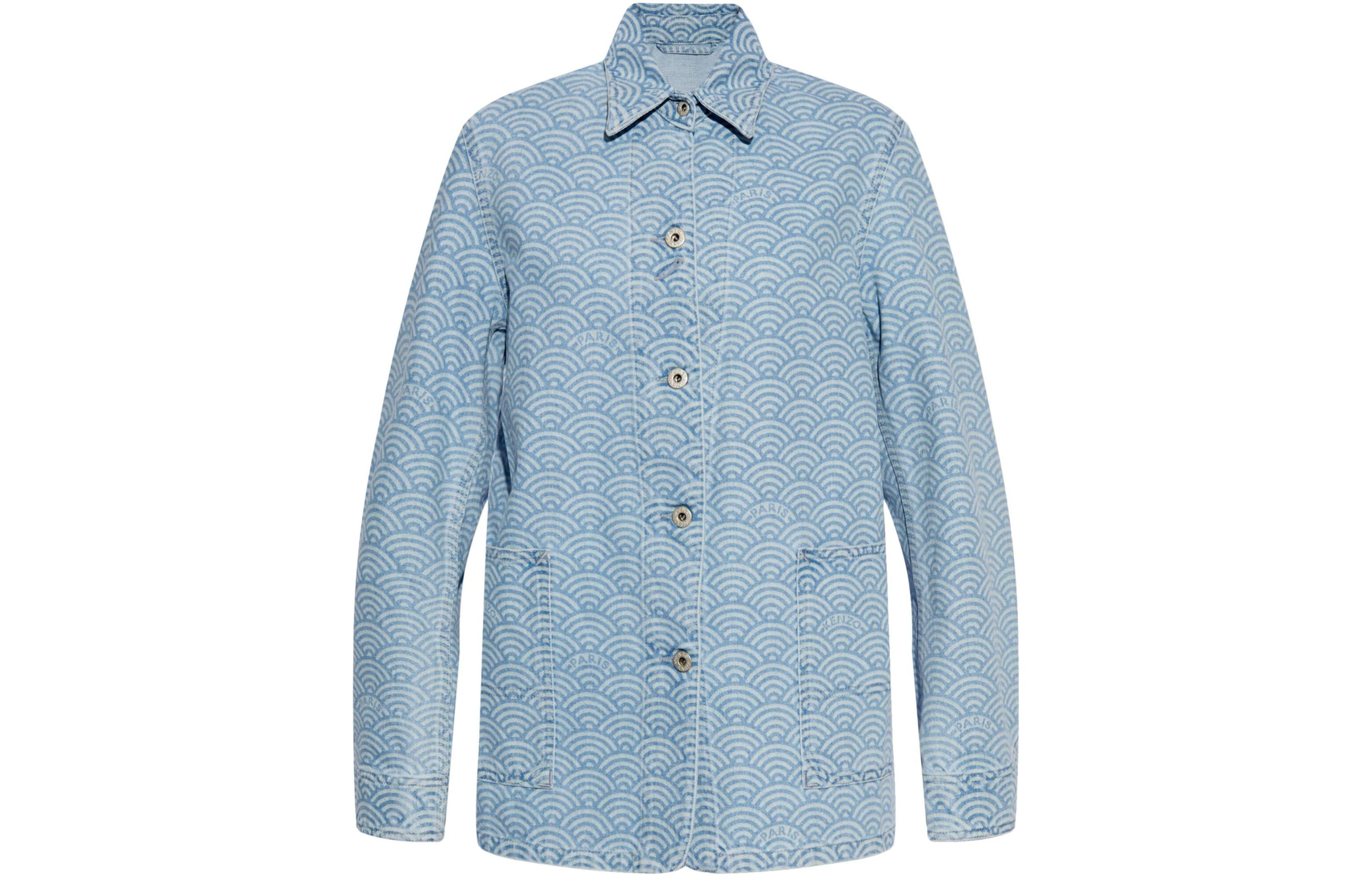 Order (W) KENZO SS24 Jaket Denim Biru dengan Cetakan Logo dan Rekaan Colorblock. FE52DV2436K4-DT