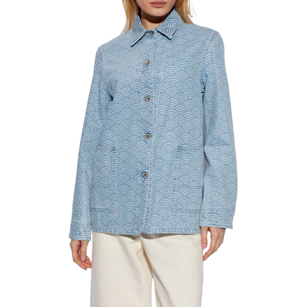 Lookbook (W) KENZO SS24 Jaket Denim Biru dengan Cetakan Logo dan Rekaan Colorblock. FE52DV2436K4-DT