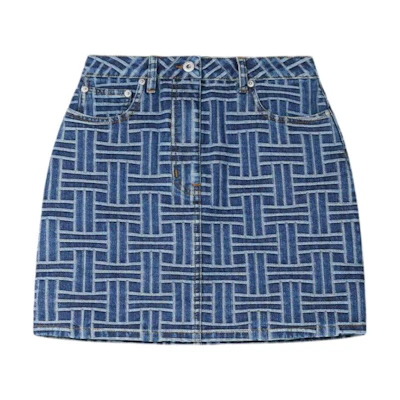 (Women) KENZO SS24 Blue Mid-Rise Mini Skirt with Woven Print and Buttons. FE62DJ2806J3-DS