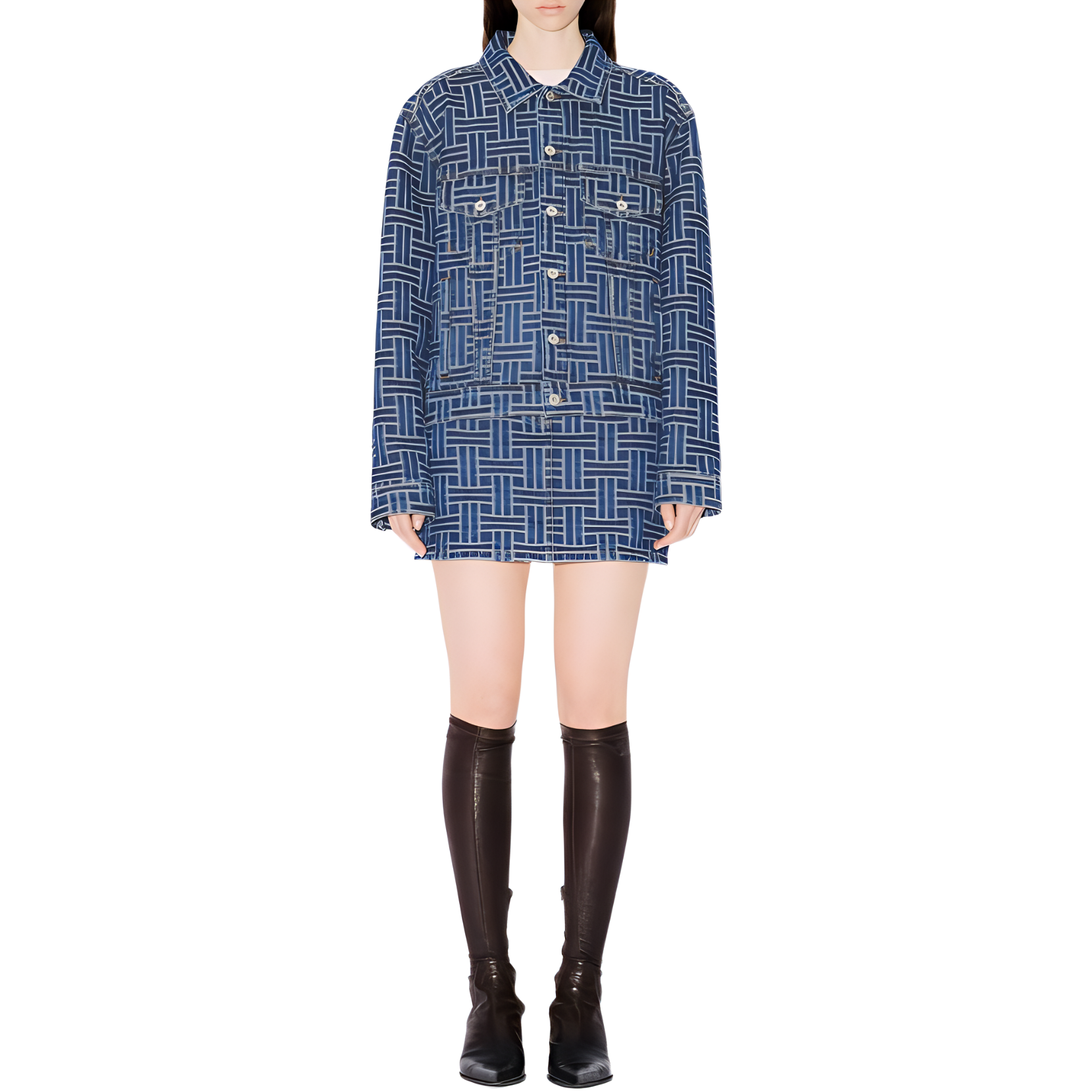 Lookbook (W) KENZO SS24 ブルー ミッドライズ ミニスカート ウーブンプ リント ボタン付き FE62DJ2806J3-DS