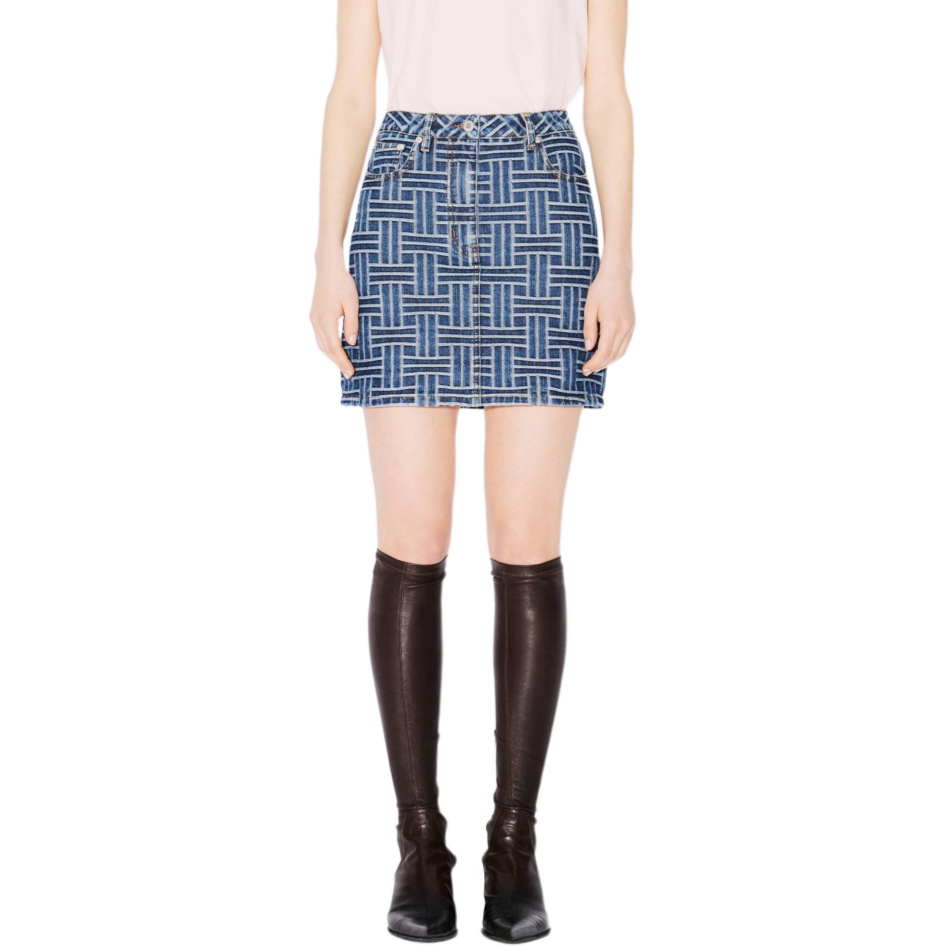 Shop (W) KENZO SS24 ブルー ミッドライズ ミニスカート ウーブンプ リント ボタン付き FE62DJ2806J3-DS