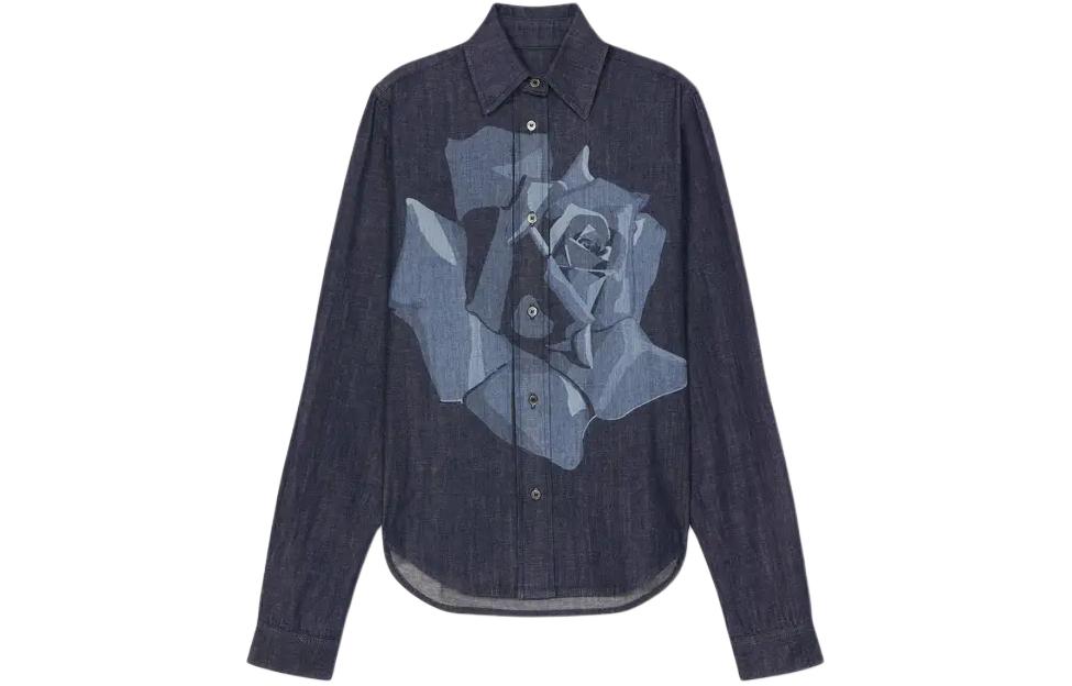 Order (Women) KENZO SS24  Denim Rose Print Long Sleeve Shirt Washed Blue FE52DC2426E7-DM