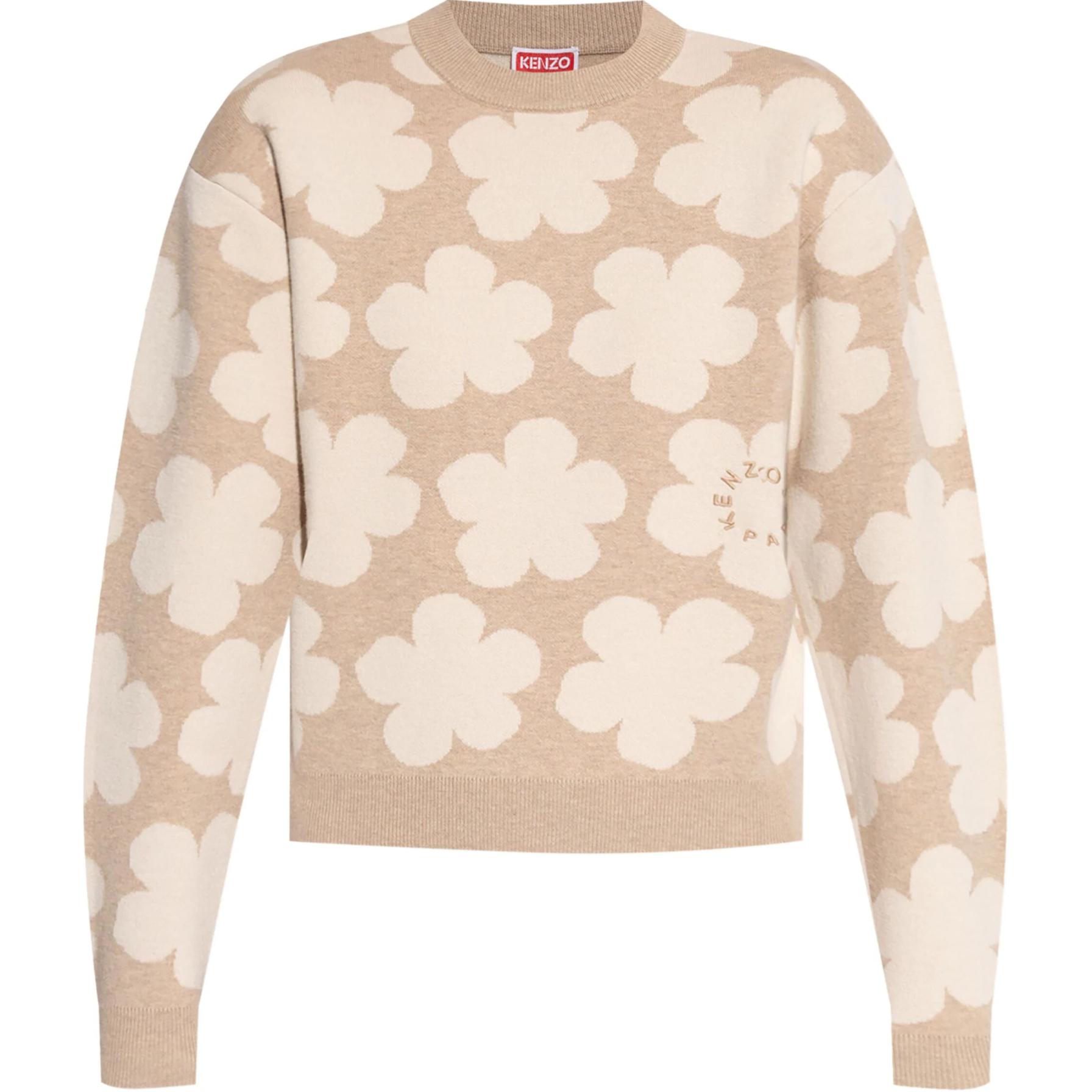 (Women) KENZO SS24  Floral Embroidered Knit Long-Sleeve Sweater in Beige. FE62PU4873CN-11