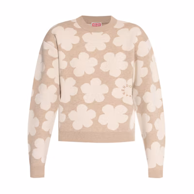 (Women) KENZO SS24 Floral Embroidered Knit Long-Sleeve Sweater in Beige. FE62PU4873CN-11