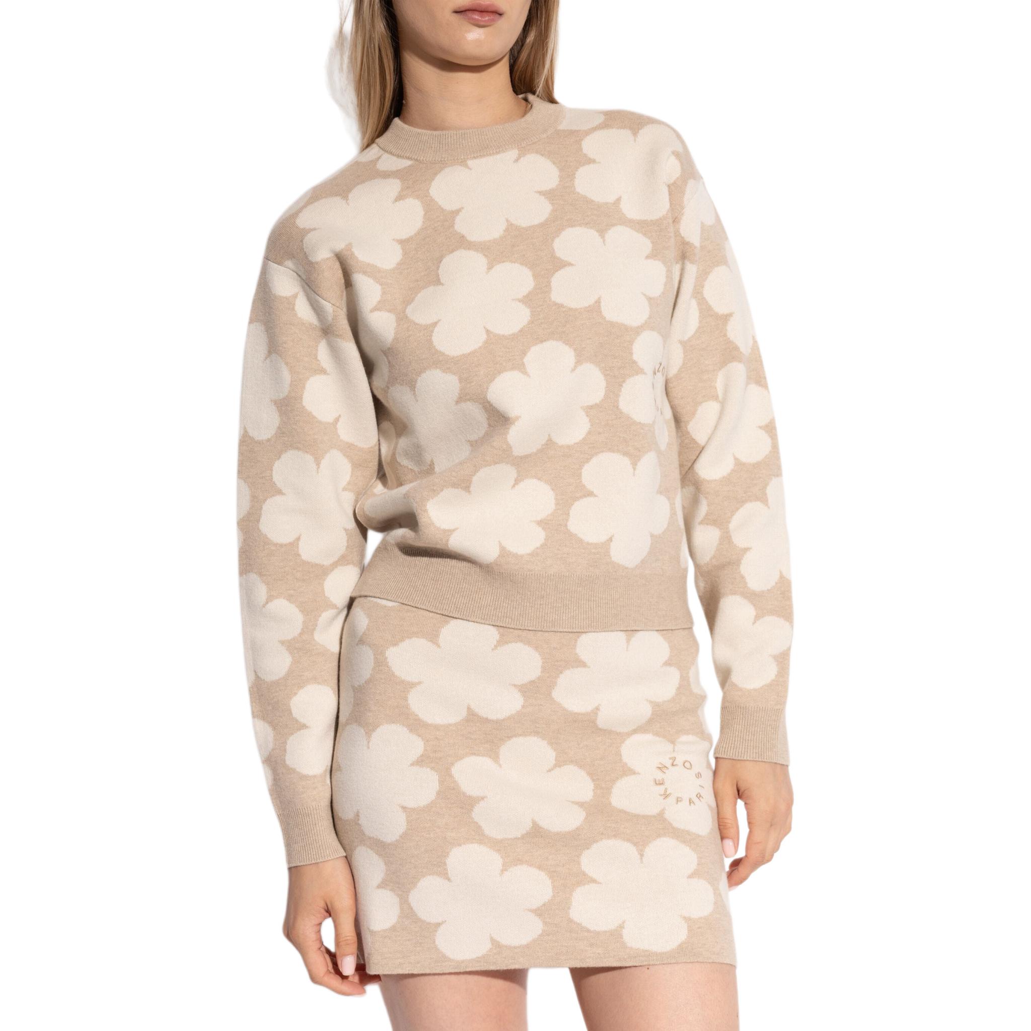 Shop (Women) KENZO SS24  Floral Embroidered Knit Long-Sleeve Sweater in Beige. FE62PU4873CN-11