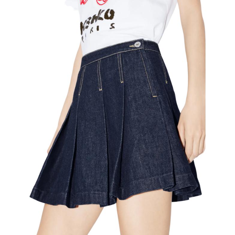 Cheap (W) KENZO SS24 Skirt Denim Biru Tua Pinggang Tinggi Lipatan FE52DJ2796B1-DM